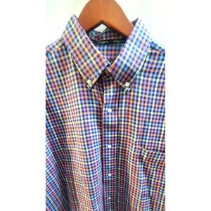 Bobby Jones Golf Shirt L16/16.5 Check Coral/Blue/Yel/Purp Long Slv Collar Button